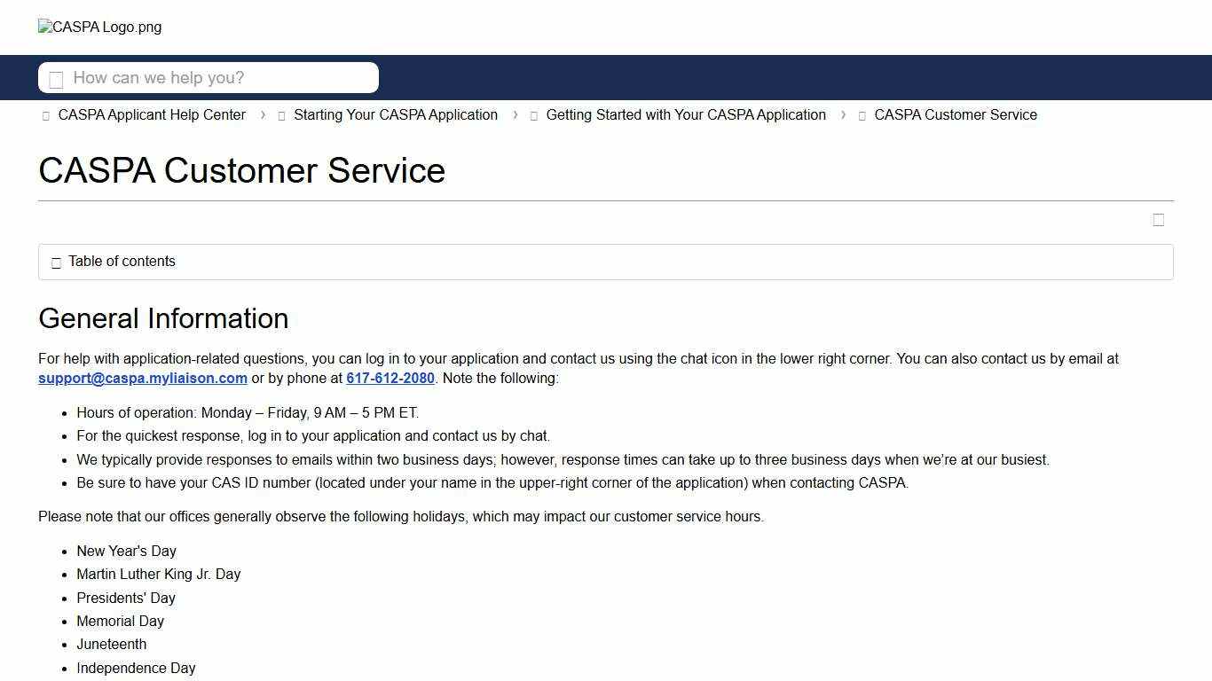 CASPA Customer Service - Liaison