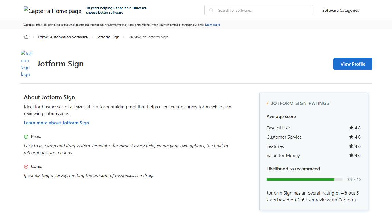 Jotform Sign Reviews from Verified Users - Capterra Canada 2026